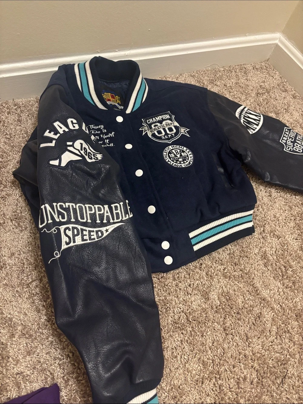 Vintage Red Fox Champion Kids Navy Blue Varsity Jacket with Teal Trim